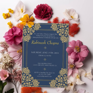 Annaprashan First Rice Blue Gold Ornament Photo Invitation