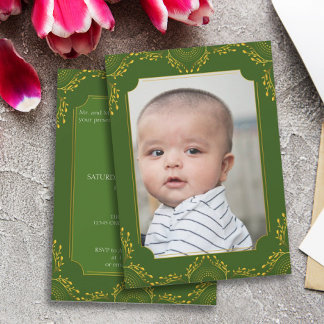Annaprashan First Rice Green Gold Flowers Photo Invitation