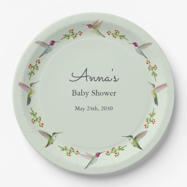 Anna's Hummingbirds baby Shower Paper Plate (Front)