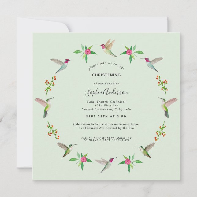 Anna's Hummingbirds Christening Invitation (Front)