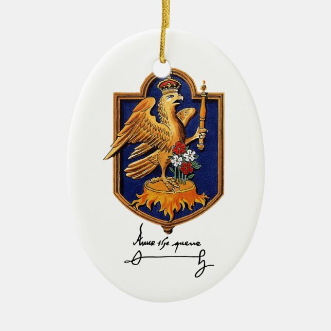 Anne Boleyn Signature & Coat of Arms Ceramic Tree Decoration (Front)