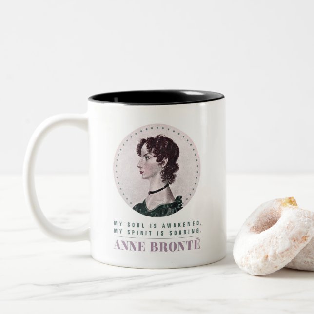 Anne Bronte Portrait and Quote My Soul is Awakened Two-Tone Coffee Mug (With Donut)
