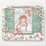 Anne of Green Gables Mouse Mat<br><div class="desc">This Anne of Green Gables mouse pad features our beloved Anne peeking out of a window with green shutters surrounded by wildflowers. The background is bright white. Colours include,  sage green,  pale blue,  orange,  pink and white.</div>