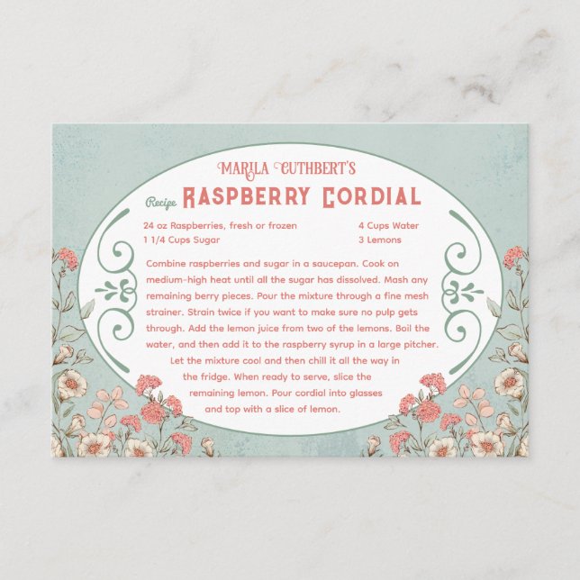 Anne of Green Gables | Raspberry Cordial Recipe Enclosure Card (Front)
