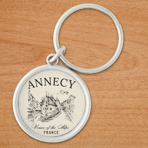 Annecy Canals Art – Retro French Alps Key Ring