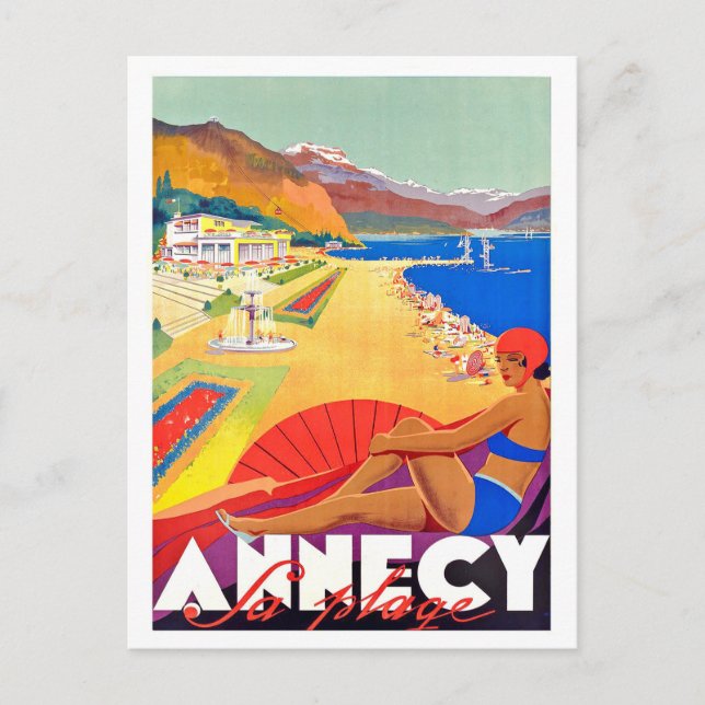 Annecy coastline, girl on a beach,vintage postcard (Front)