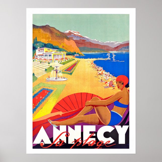 Annecy coastline, girl on a beach, vintage poster (Front)