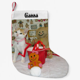 Annie's Cute Cat and Gingerbread Personalised Small Christmas Stocking