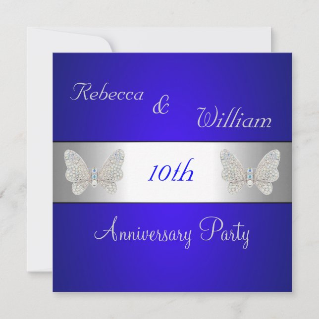 Anniversary 10th Elegant Cobalt & Silver Butterfly Invitation (Front)