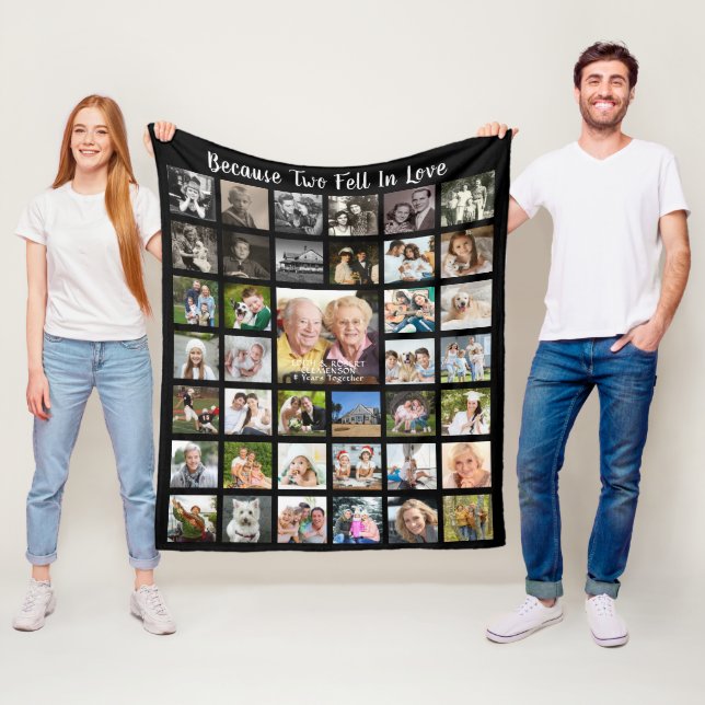 Anniversary 39 Photo Collage Personalised Black Fleece Blanket (In Situ)