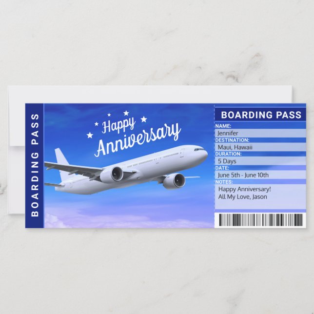 Anniversary Airline Boarding Pass Gift Ticket (Front)
