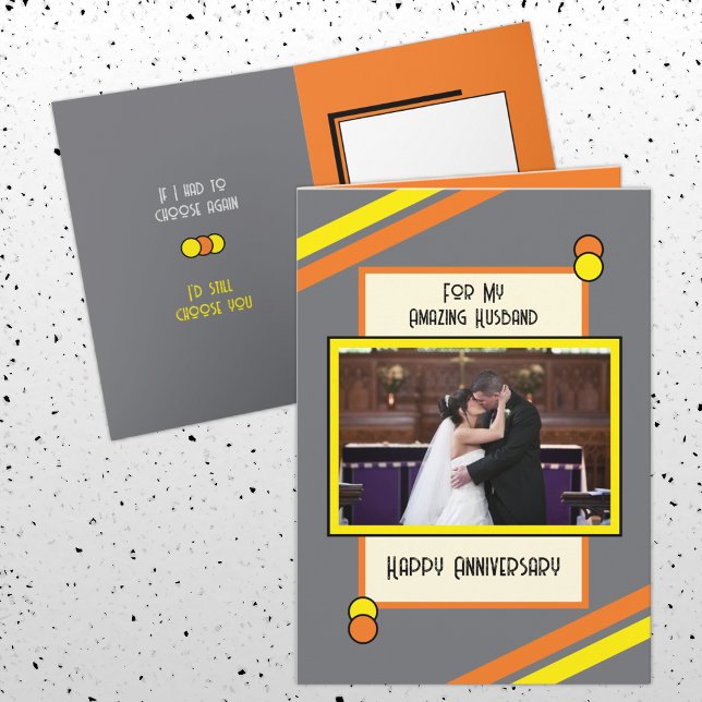 Anniversary amazing husband grey orange photo card (Creator Uploaded)