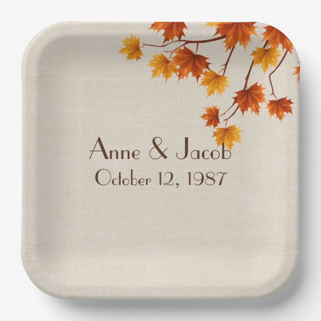 Anniversary Autumn Leaves on Burlap   Paper Plate (Front)