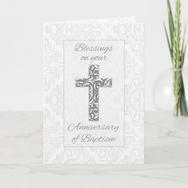 Anniversary Baptism Blessings Cross with Swirls Card (Front)