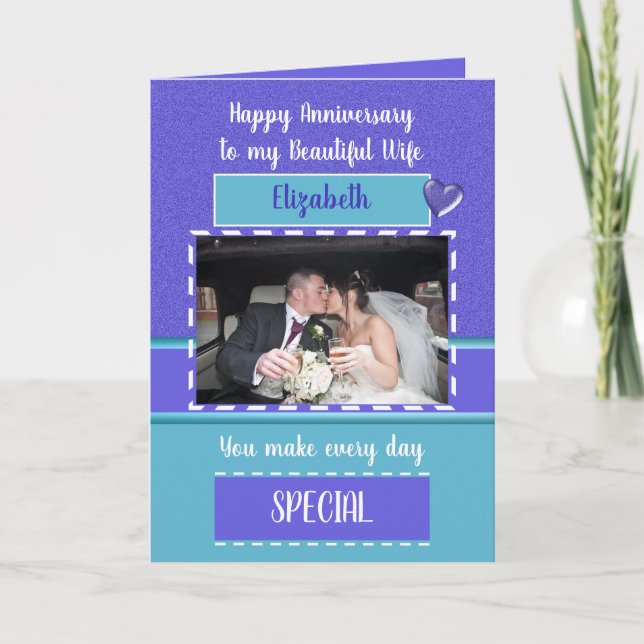 Anniversary beautiful wife purple turquoise photo card (Front)