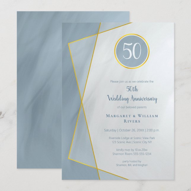 anniversary birthday 50th dusty blue w gold frame invitation (Front/Back)