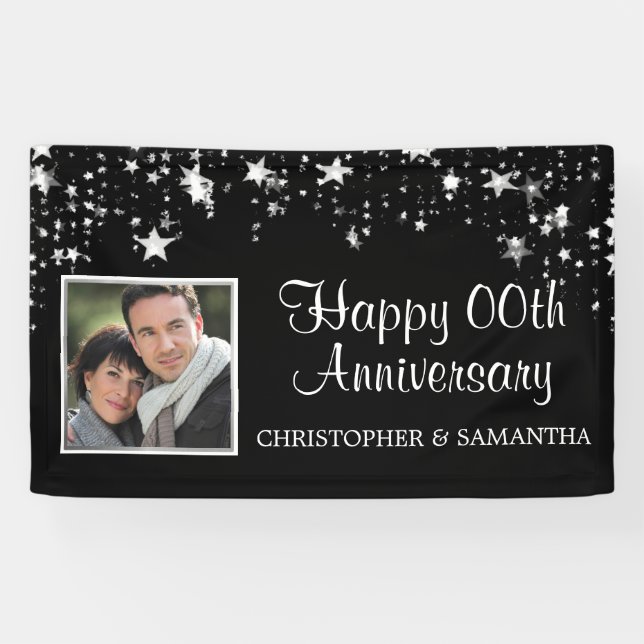 Anniversary Black Silver Stars Script Photo Banner (Horizontal)