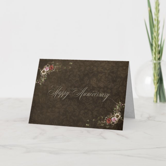 anniversary brown damask and bouquet card (Front)
