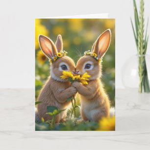 Anniversary Bunnies Smelling a Yellow Sunflower Card