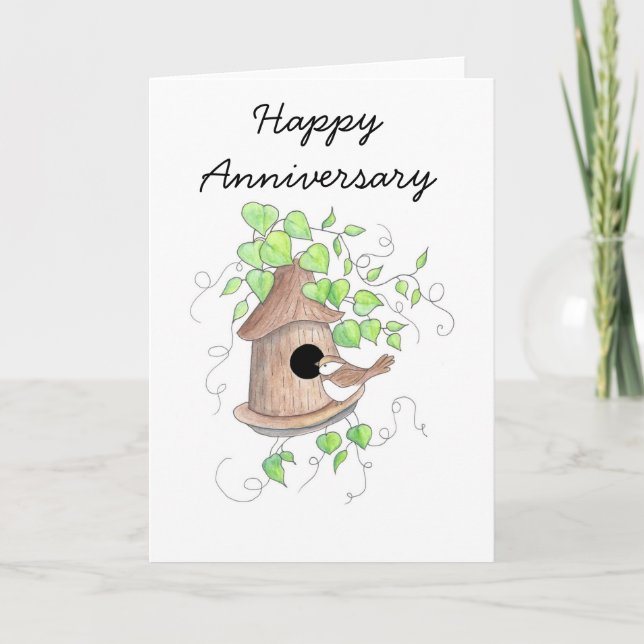 Anniversary Card, Chickadee on Birdhouse Card (Front)