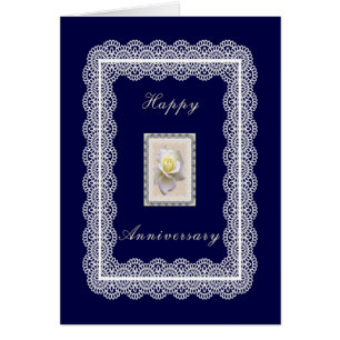 Anniversary Card, Dark Blue with White Rose & Lace