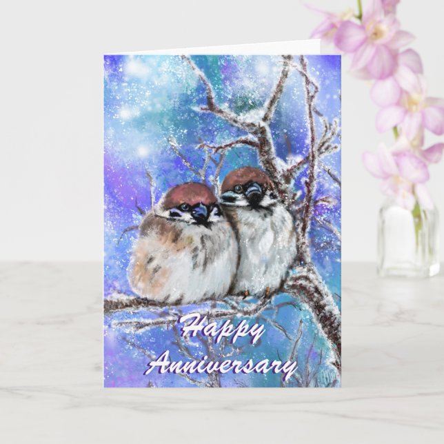 Anniversary Card Sparrows Couple In Winter (Orchid)