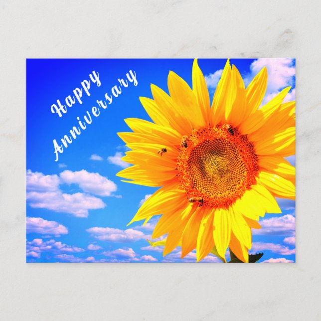 Anniversary Card Sunflower and Bees on Blue Sky (Front)