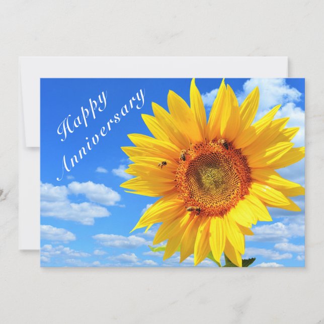 Anniversary Card Sunflower and Bees on Blue Sky (Front)