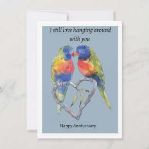 Anniversary card , two love birds , and a heart.