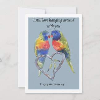 Anniversary card , two love birds , and a heart.