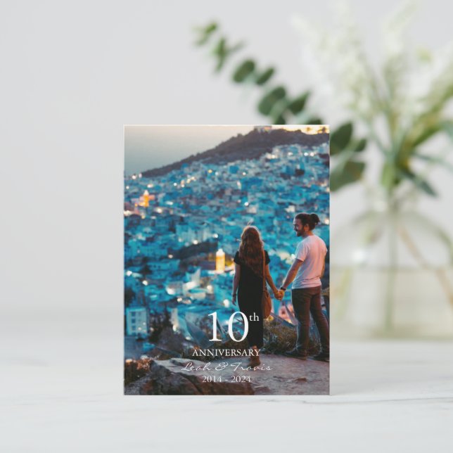 Anniversary custom photo wedding chic white font holiday postcard (Standing Front)