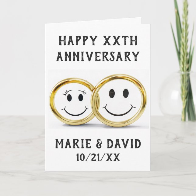 Anniversary Cute Cartoon Gold Wedding Rings Card (Front)