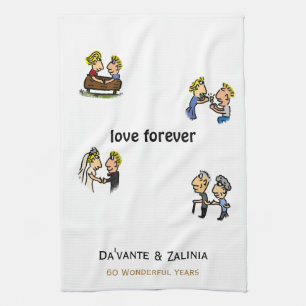 Anniversary Cute Couple 🎉 Aging Together Cartoon Tea Towel