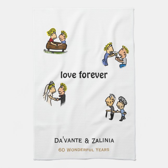 Anniversary Cute Couple 🎉 Aging Together Cartoon Tea Towel (Vertical)