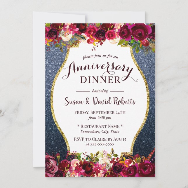 Anniversary Dinner Burgundy Floral Navy Blue Invitation (Front)