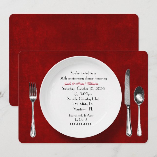 Anniversary Dinner Party Invite on red (Front/Back)