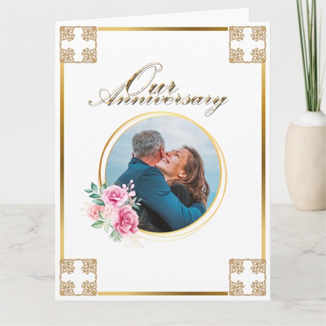 Anniversary DIY photo gold cross rose flower Card (Front)