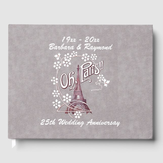 Anniversary Eiffel Tower Paris White Daisies Grey Guest Book (Front)