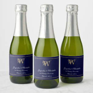 Anniversary Favours Monogram Chic Navy Blue Mini   Sparkling Wine Label