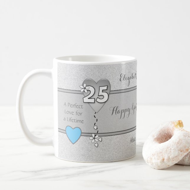 Anniversary gift 25 years with heart and names coffee mug (With Donut)