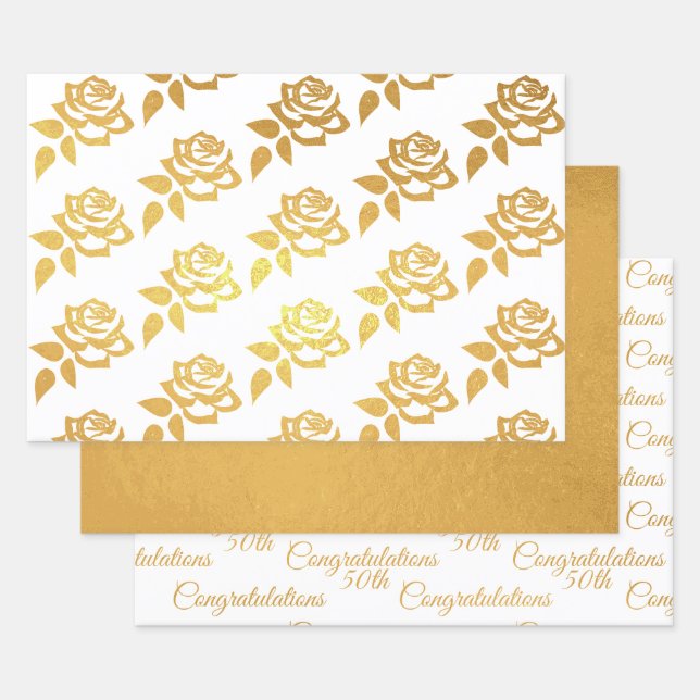 Anniversary Gold Foil Wrapping Paper-Rose 50th Foil Wrapping Paper Sheet (Set)
