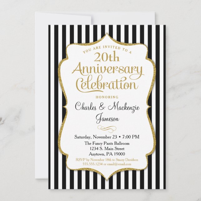 Anniversary Invitation Black Gold Elegant Stripe (Front)