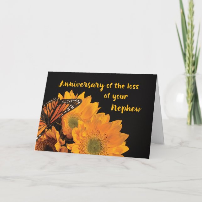 Anniversary Loss of Nephew Butterfly on Sunflowers Card (Front)