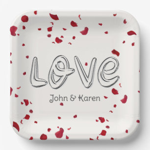Anniversary Love Text With Rose Petals Paper Plate
