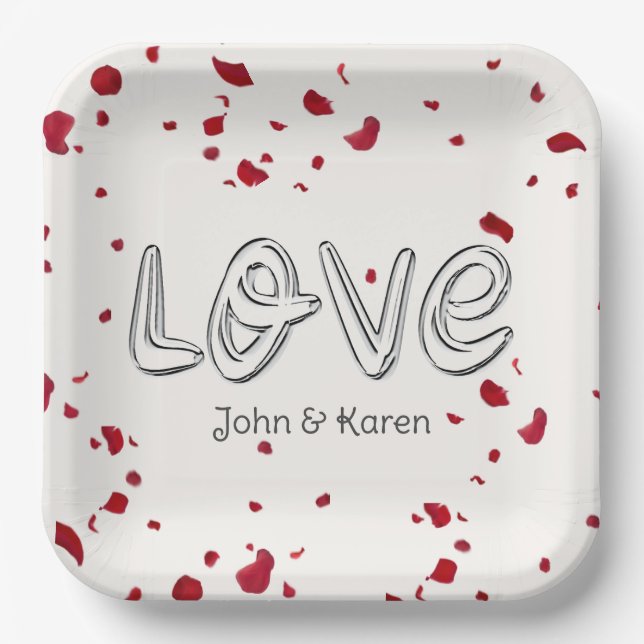Anniversary Love Text With Rose Petals Paper Plate (Front)