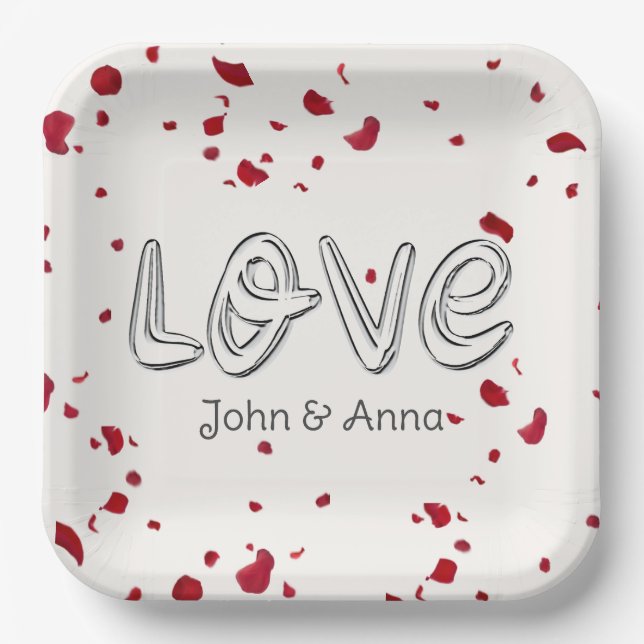 Anniversary Love Text With Rose Petals Paper Plate (Front)