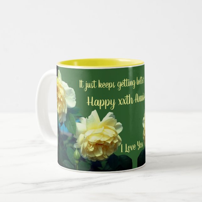Anniversary Love Yellow Roses Flower Personalised Two-Tone Coffee Mug (Front Left)