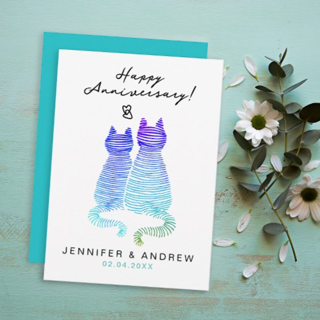 Anniversary Modern Gradient Blue Cats In Love  Holiday Card (Creator Uploaded)