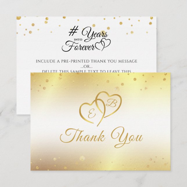Anniversary Monogram Gold Heart Years Into Forever Thank You Card (Front/Back)
