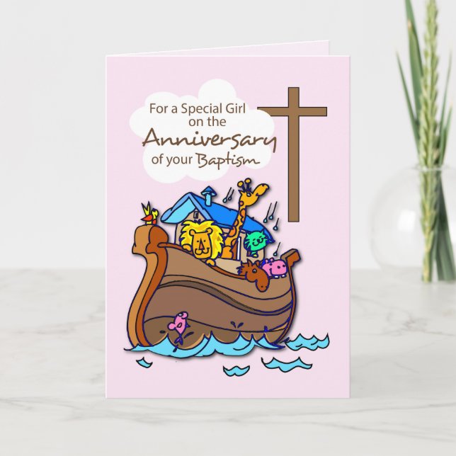 Anniversary of Baptism Girl Noah's Ark Card (Front)